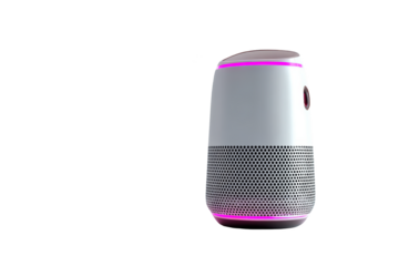 Modern smart speaker with white and grey body, pink accents, and mesh