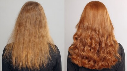 Transformation of Hair Texture from Frizzy to Smooth and Glossy in a Before and After Photography Session