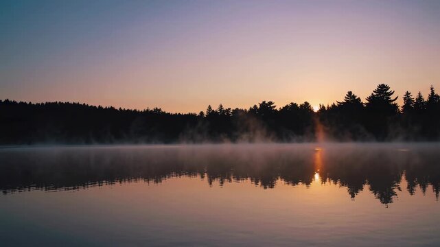 Serene beautiful landscape with tranquil lake at sunrise light mist floats above calm water reflecting forest silhouette perfect for meditation relaxation peace