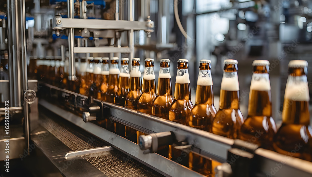 Poster a detailed view of a modern bottling line showcasing rows of beer bottles filled and ready for packa