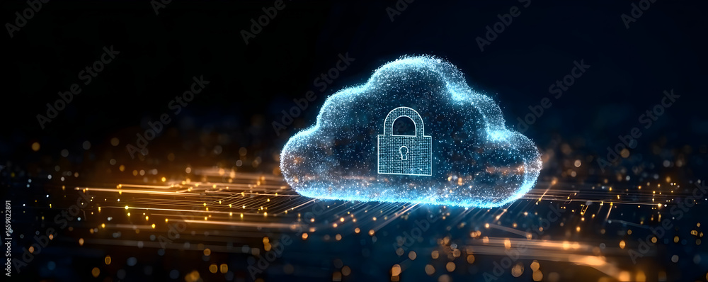 Poster a digital cloud symbol with a padlock, representing data security and cloud storage technology. idea