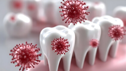 A detailed illustration of human teeth alongside virus representations, showcasing the importance of dental health and the threat of oral infections.