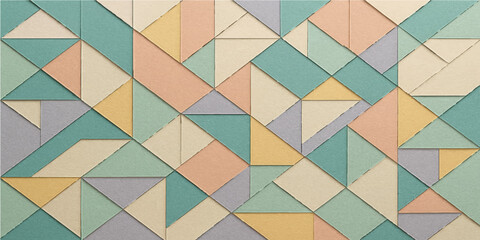 Retro green and blue geometric mosaic pattern with colorful triangles backdrop