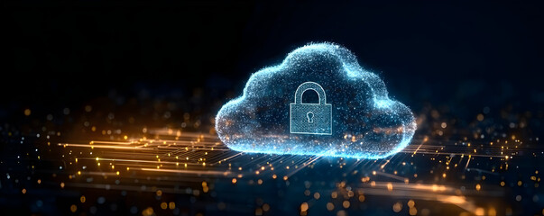 A digital cloud symbol with a padlock, representing data security and cloud storage technology. Ideal for illustrating cybersecurity concepts.