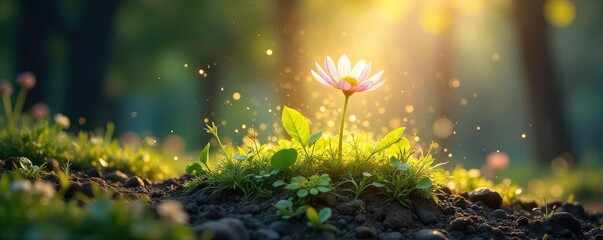 A vibrant, ethereal spring bursting forth from the earth, radiating light and energy; symbolizing renewal, life, and spiritual awakening , tranquility, power, landscape