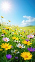 Fototapeta premium Vibrant Wildflowers in Full Bloom Under a Sunny Spring Sky A Joyful Field of Yellow, Purple, and White Blossoms Gently Swaying in the Breeze