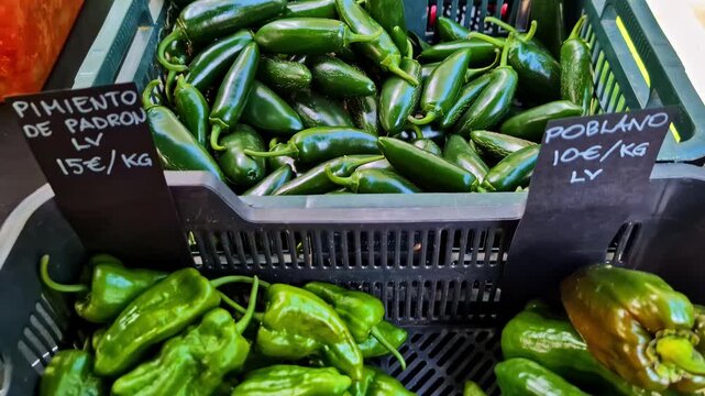 Close-up reveal shot of fresh organic Pimiento de Padr&oacute;n and Poblano peppers with handwritten euro price tags in a Latvian market display.