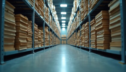 Modern storage facility with stacks of paper files on metal shelves. Soft lighting illuminates clean, efficient environment for organization. Archival record documentation management, inventory space