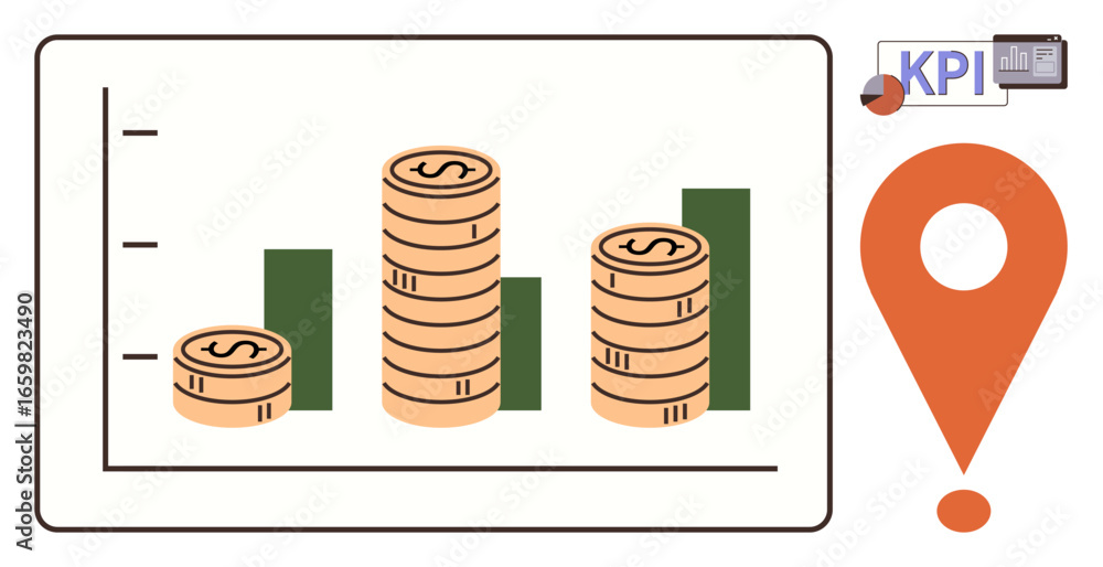 Poster stacked coins on bar chart showing increasing growth, kpi panel, orange location pointer. ideal for 