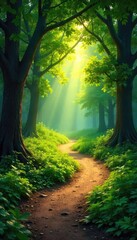 Naklejka premium A winding, sun-dappled path leads through a lush green forest, symbolizing a journey of growth and heritage, evoking feelings of lineage and legacy , light, sunlight