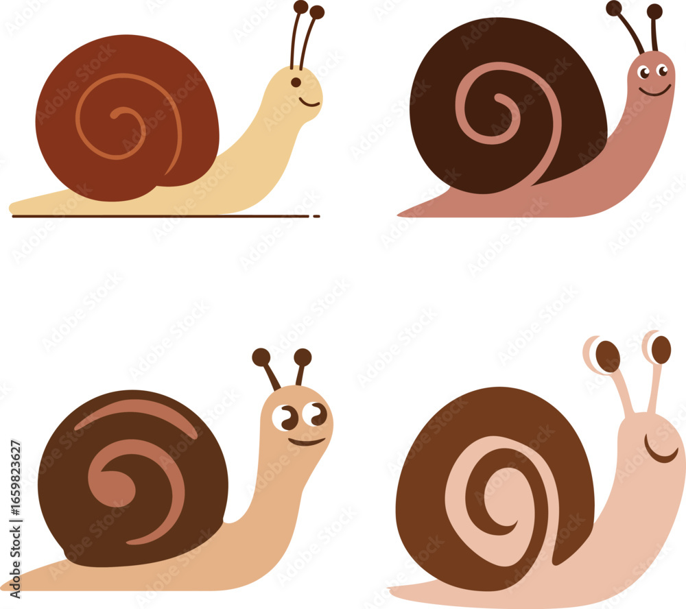 Poster collection of four cartoon snails with brown shells and different expressions on a white background