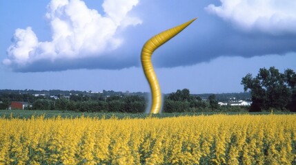 Surreal yellow inflatable tube in a field of yellow flowers against a blue sky landscape