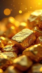 Close-up of glittering gold nuggets, sunlight reflecting, suggesting spiritual wealth and enlightenment , radiant, life, transformation