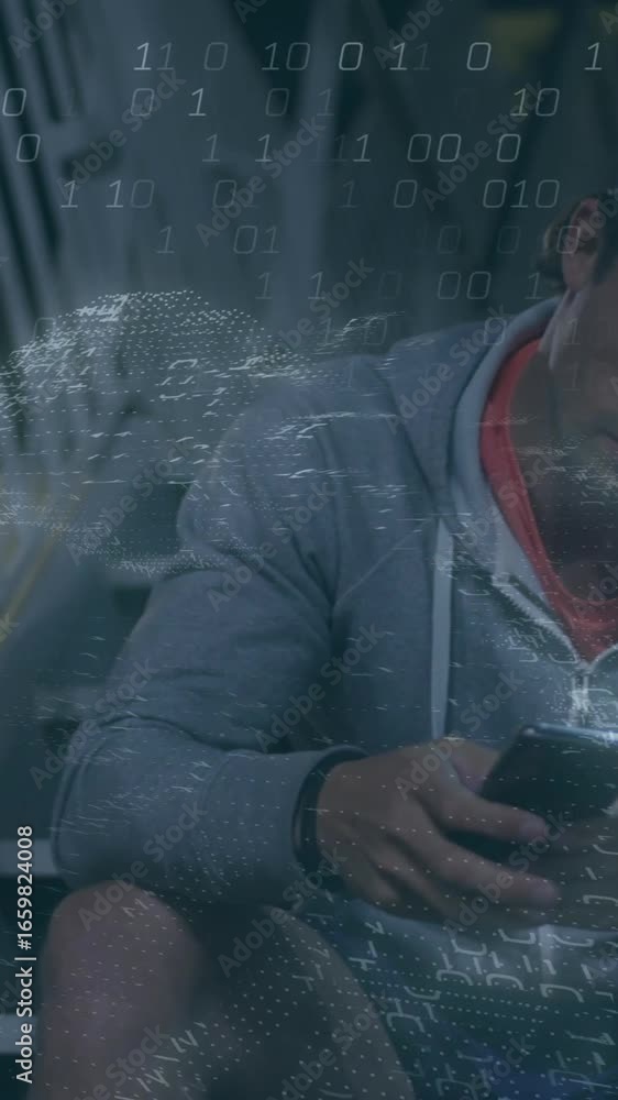 Poster sitting on stairs, man using digital device with animation of binary code
