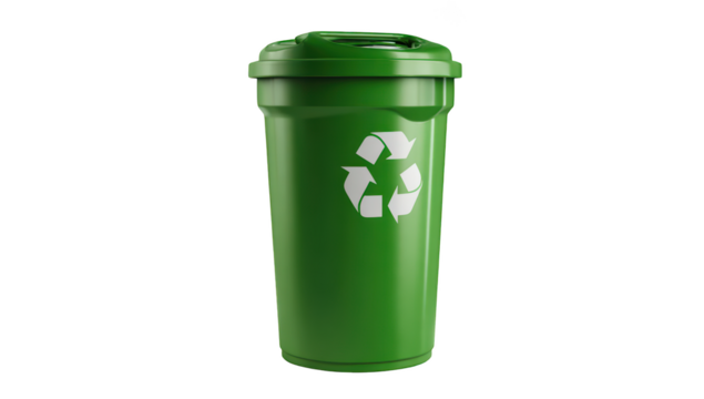Green recycling bin with lid and iconic circular arrows