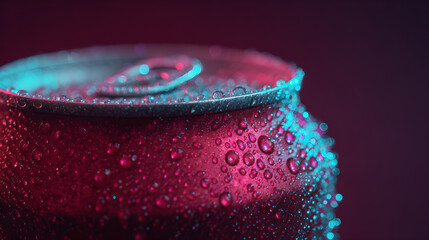 Close up of a Condensation droplet on red refreshing soda can tab isolated on red background 