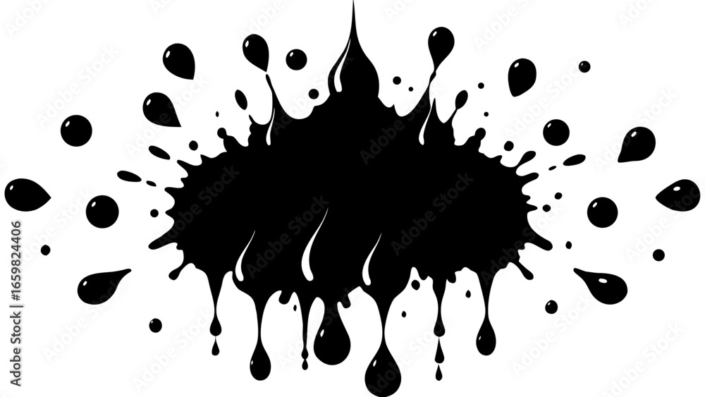 Poster vector a black ink splatter with droplets creating an abstract design on a white background illustra