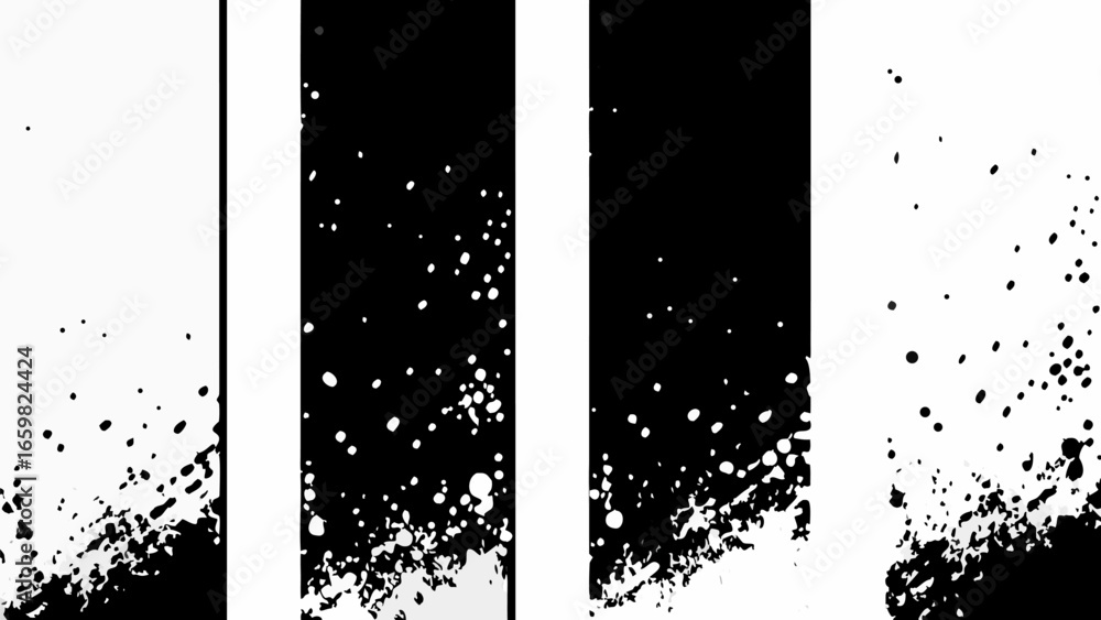 Poster vector abstract monochrome background featuring vertical stripes and scattered dots and splatters in