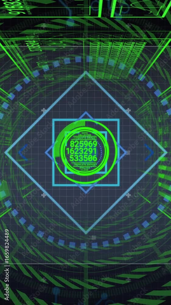 Poster animation showing futuristic digital interface with green geometric patterns and data