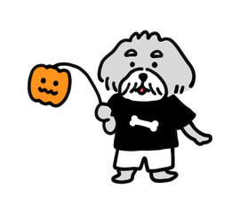 ハロウィンのカボチャのランタンを持った手描きの犬