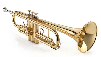 Obraz premium Golden polished brass trumpet isolated on white with clipping path, professional musical instrument image for design use