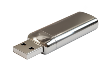 Shiny metallic USB flash drive with silver finish isolated on black background