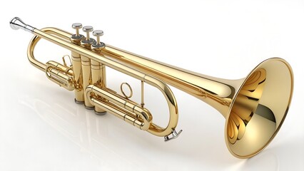 Golden polished brass trumpet isolated on white with clipping path, professional musical instrument image for design use"
