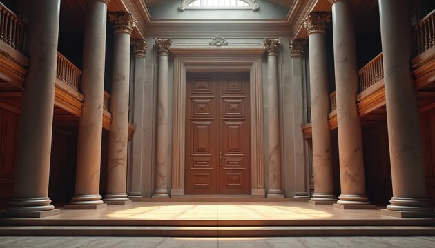 Grand hall interior with marble columns, wooden door, ornate details. Empty stage. Classic elegant architecture. Ideal for courtroom, government, law themes. Perfect for history, luxury design