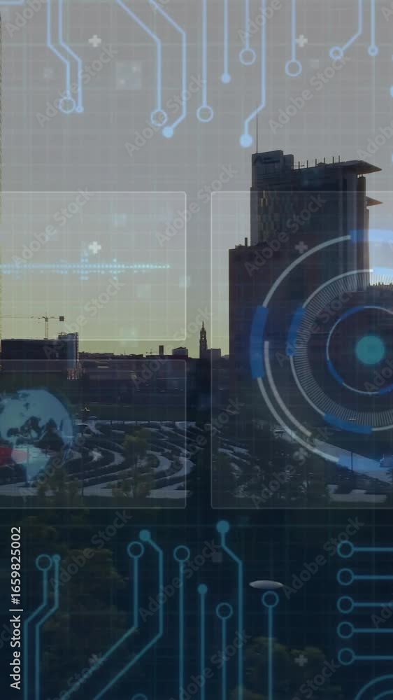 Poster cityscape overlaying digital circuit patterns with futuristic animation interface