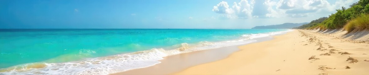Obraz premium Golden sand meets turquoise water on a pristine beach Sun-kissed dunes stretch towards a clear, calm ocean under a bright sky Perfect for relaxation and escape , background, seaside, sunlight