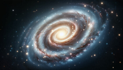 An illustration of a luminous spiral galaxy in outer space. Vector graphics. EPS.