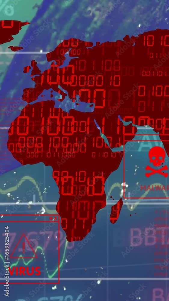 Poster animation showing world map with red virus symbols and digital data overlay