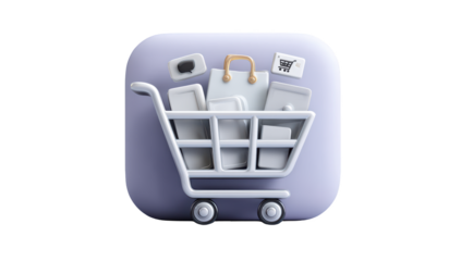 3D rendered shopping cart icon with bags & boxes, online retail concept