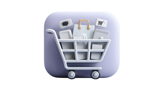 3D rendered shopping cart icon with bags & boxes, online retail concept