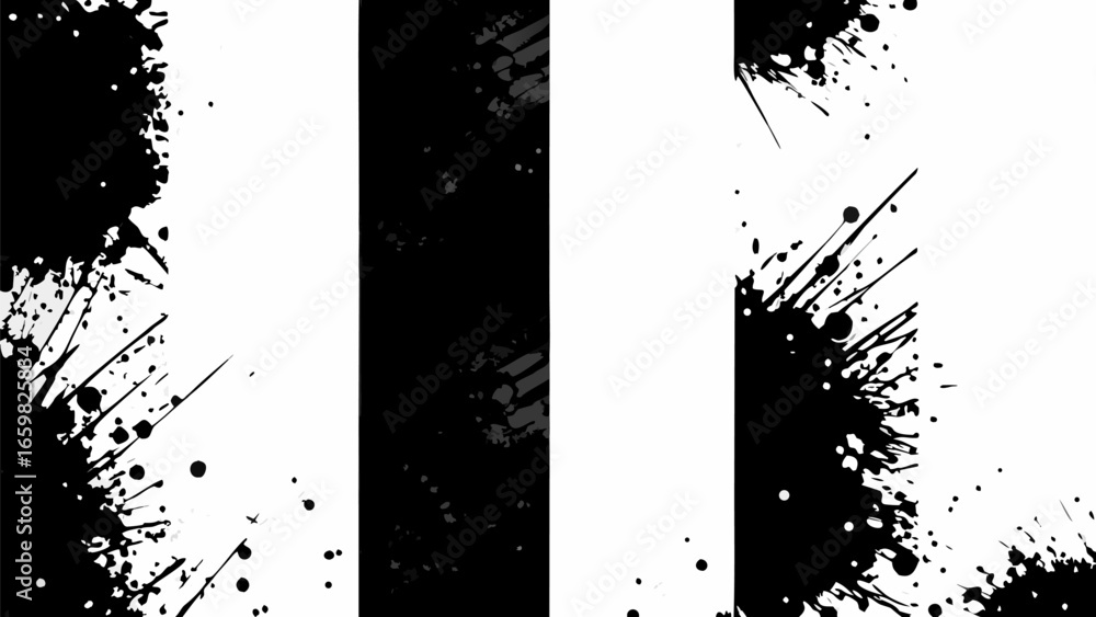 Poster vector abstract image featuring black ink splatters and strokes on a white background with vertical 