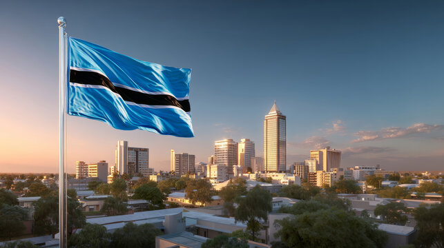 Botswana flag waving proudly against a vibrant skyline during Independence Day celebrations in the evening light - Powered by Adobe