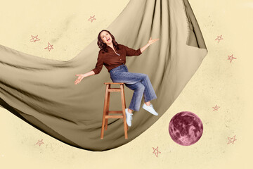 Banner 3d poster art collage of happy girl guy stand space galaxy moon planet cosmos discovery...