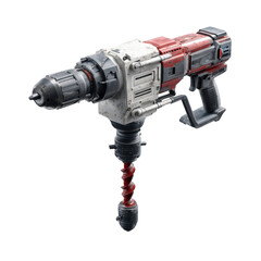 Industrial power drill, red and white, with a long drill bit