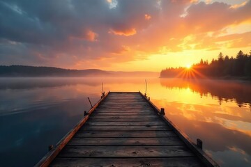 Fototapeta premium Serene Sunrise at Rustic Hunting Dock Calm Lake Water, Ideal for Waterfowl Watching or Peaceful Nature Photography