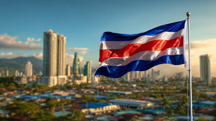 Costa Rica flag waving proudly against city skyline on Independence Day celebration