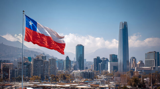 Chilean flag waving proudly in Santiago on Independence Day celebration - Powered by Adobe