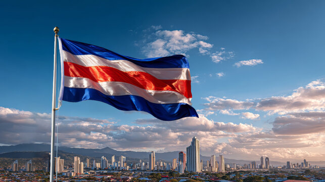 Costa Rica flag waves proudly against a vibrant skyline during Independence Day celebrations - Powered by Adobe