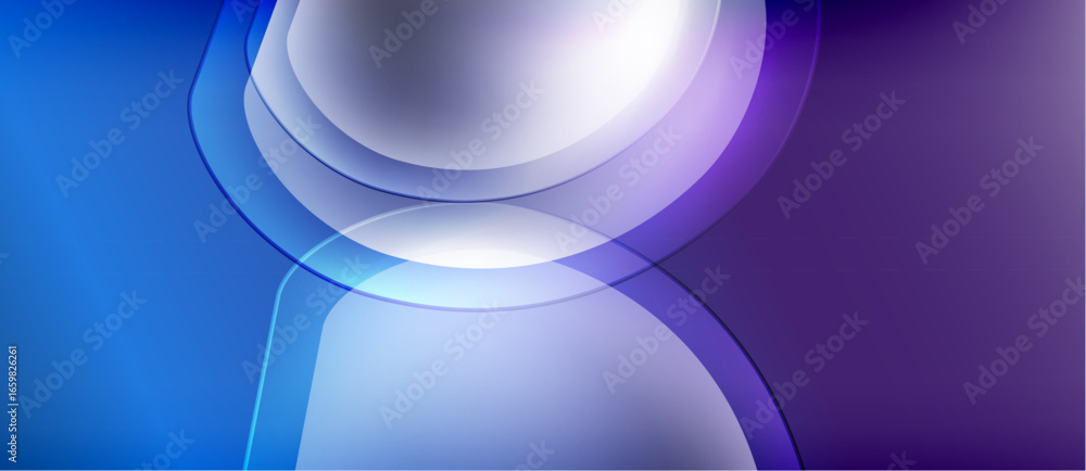 Poster abstract design features layered translucent shapes. blue, purple hues create modern visual effect. 