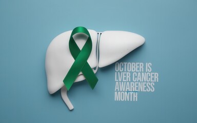 October is liver cancer awareness month with green ribbon on white liver
