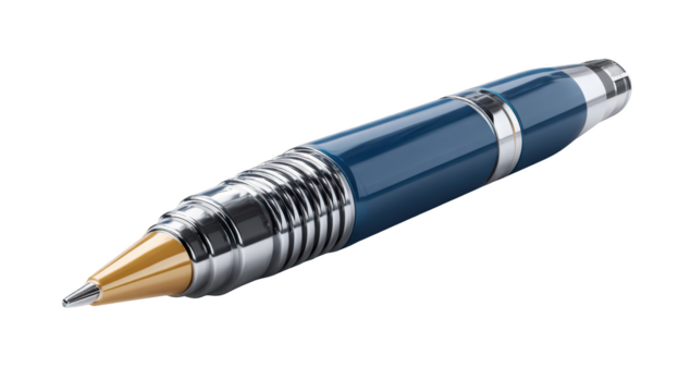 Close-up of a shiny blue pen with gold tip, metallic details, isolated on black