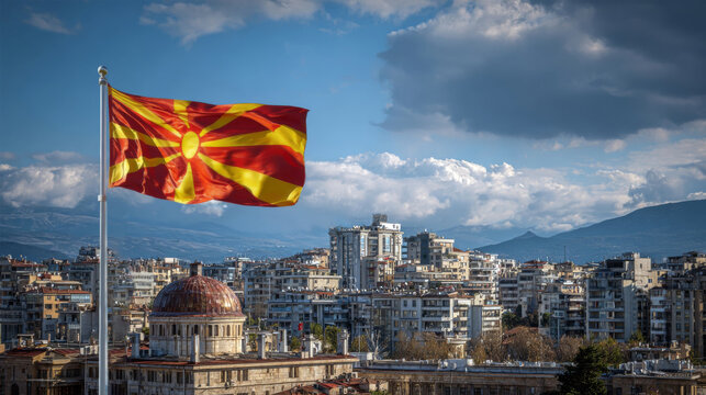 North Macedonia flag waving gracefully against a backdrop of cityscape and mountains on Independence Day - Powered by Adobe