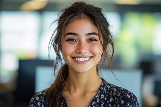 Happy attractive young mixed-race woman smiling in the office. The image promotes positive and inclusive workplace culture, reflecting the benefits of diversity in professional settings, Generative AI