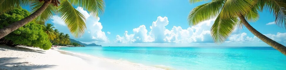 Sun-drenched beach scene with turquoise water, palm trees swaying gently in the breeze, and white sand Perfect for summer vacation themes , landscape, water
