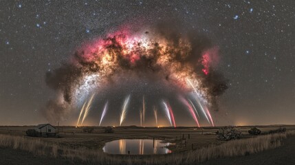 Spectacular cosmic display of sprites and milky way over rural landscape at night