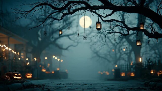 A spooky Halloween scene with glowing Jack-o'-lanterns lining a foggy path. Bare trees are adorned with lanterns, and a full moon illuminates the night sky.